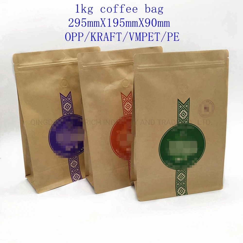 Custom Printing Flat Bottom Heat Seal One Way Valve Packaging Kraft Aluminum Foil Bag for Packing Coffee Bag