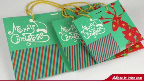 Sacolas de presente para festas com alças trançadas promocionais sacolas de compras de papel kraft verde