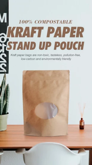 Compostável Personalizado Zíper Comida Lanche Porca Stand Up Malotes Embalagem Zip Lock Café Chá Papel Kraft Doypack Sacos Biodegradáveis ​​com Janela