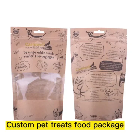 Bolsa de plástico biodegradável com zíper, bolsa de papel kraft com zíper, bolsa de comida para animais de estimação para cães e gatos, comida para peixes, doces, lanche, embalagem de café com janela