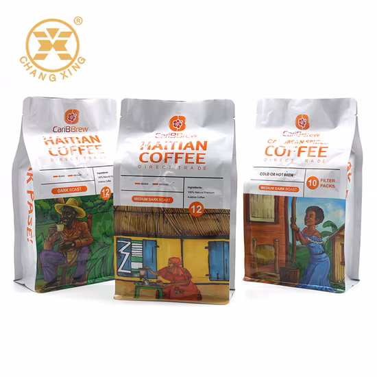 Folha de alumínio de grau alimentício impressa personalizada, embalagem de café de plástico, bolsa de fundo plano com válvula